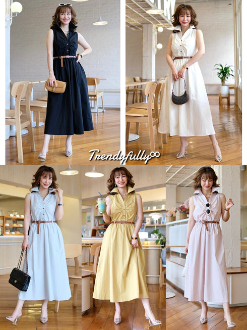 Collar Ruched Design Dress with Belt